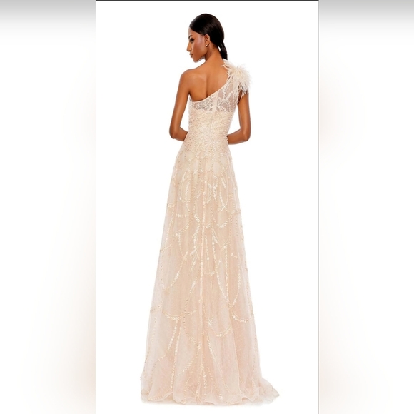 NWT Mac Duggal Peach Embellished One Shoulder A Line Gown - Picture 7 of 9